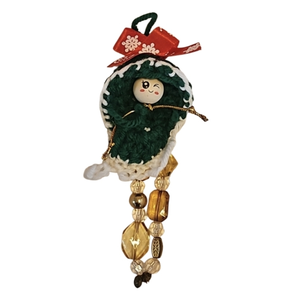 HAND CRAFTED crochet ornament holiday decor Handmade Upcycled materials green 7"